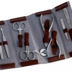 Trousse manucure à enrouler ALPEN, cuir bordeaux à fermeture pression, 8 pièces inox satiné