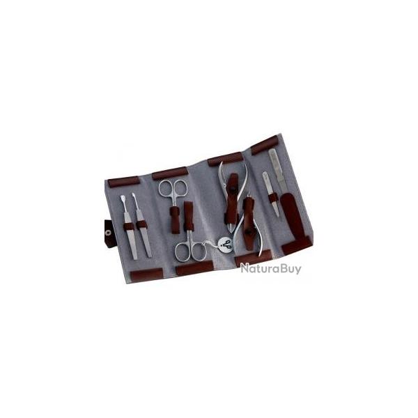 Trousse manucure  enrouler ALPEN, cuir bordeaux  fermeture pression, 8 pices inox satin
