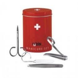 Set manucure 4 pièces, en boîte décorée (coupe-ongles, ciseaux à envies, pince à épiler, lime verre)