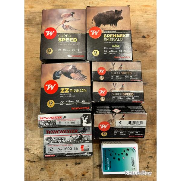 Lot  munitions chasse calibre 12/70 Winchester - botes neuves - pack diversifi