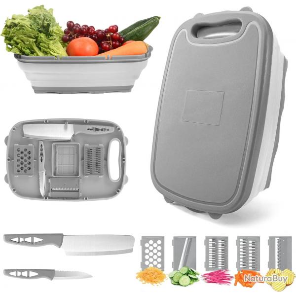 9 en 1 planche a decouper camping, Planche  Dcouper Pliable en Plastique avec 5 Pices Coupe-lgum