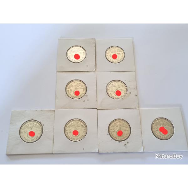 Lot 8 X 2 Reichsmark Argent 1937 - 1938 - 1939 Allemagne IIIme Reich WW2 WWII