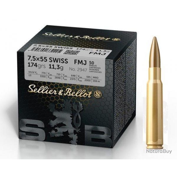 CARTOUCHE Sellier & Bellot 7,555 Swiss FMJ de 174 grs x50