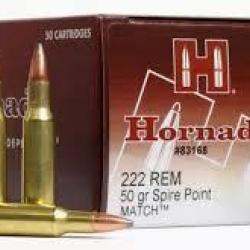 Cartouche HORNADY calibre 222 REM 50grs SP MATCH x50