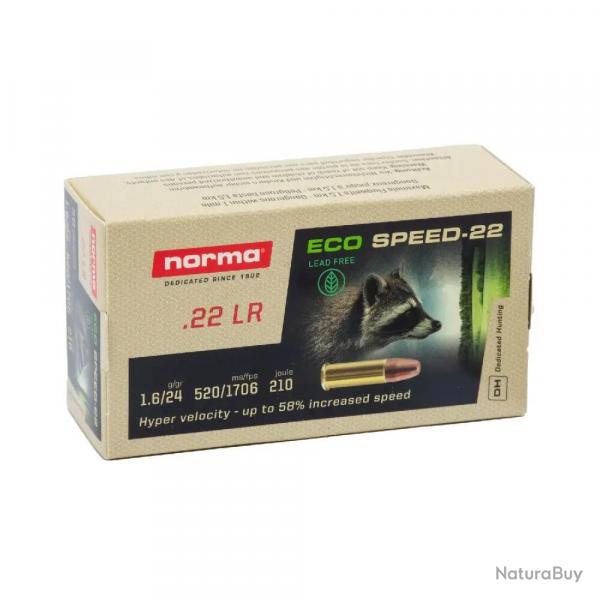 CARTOUCHE NORMA ECO SPEED-22 HV CALIBRE 22LR 1.6G/24GR PLOMB ZINC X50