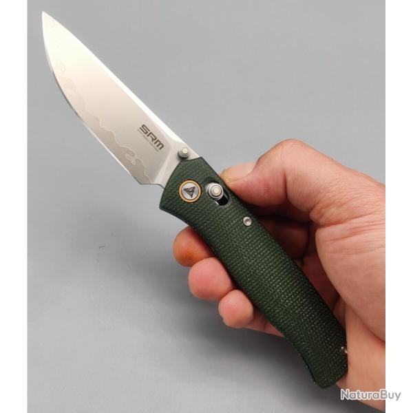 Couteau SRM Medal Lame Acier Laminated 140Cr Manche Micarta Vert OD Ambi-Lock SRM255LMG2