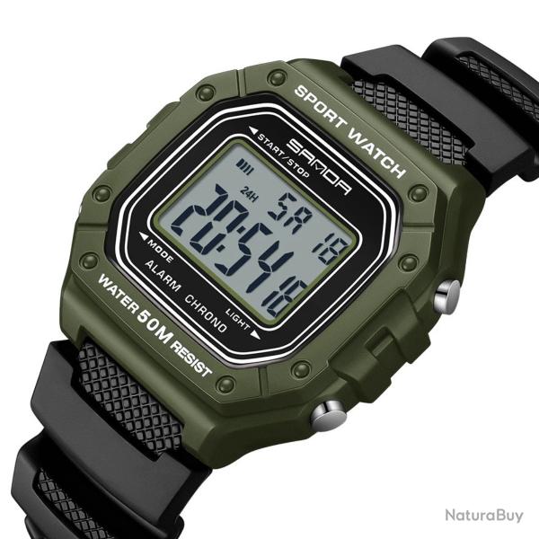 Montre Tactique Numrique Robuste Kaki - Digitale, Anti-Choc, Sport, Outdoor, Chasse, Pche, Rando