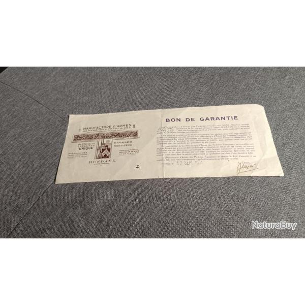 Ancien bon de garantie pistolet unique 22lr