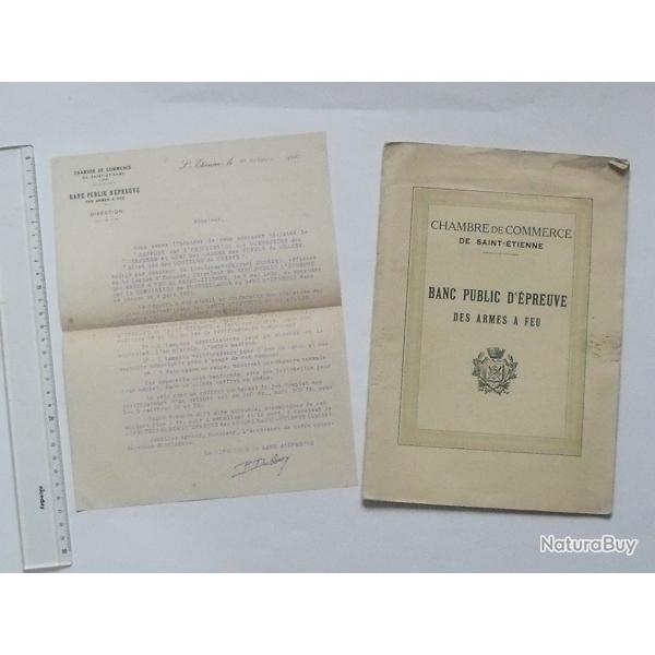 Banc Public d'Epreuve Armes Munitions SAINT-ETIENNE: Livret 1922 Unification + lettre + TABLEAU