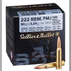 100 Munitions sellier&bellot Cal 222 Rem 50Gr FMJ