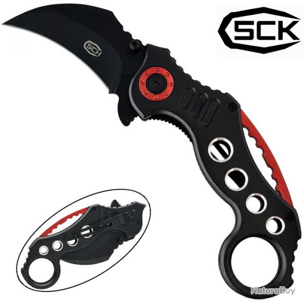 Couteau Karambit pliant SCK noir et rouge avec clip ceinture