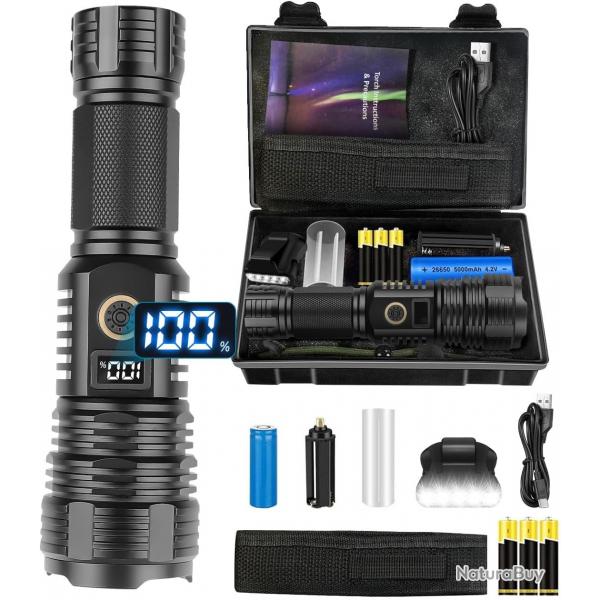 Lampe Torche Ultra Puissante 23000 Lumens XHP90 LED Zoomable 5 Modes tanche IPX5 Camping Pche