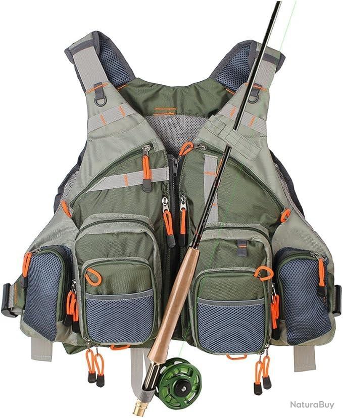 DAUZ - Gilet De Pêche à La Mouche - 8 Poches - Respirant - Sangle Réglable - Tissu Oxford