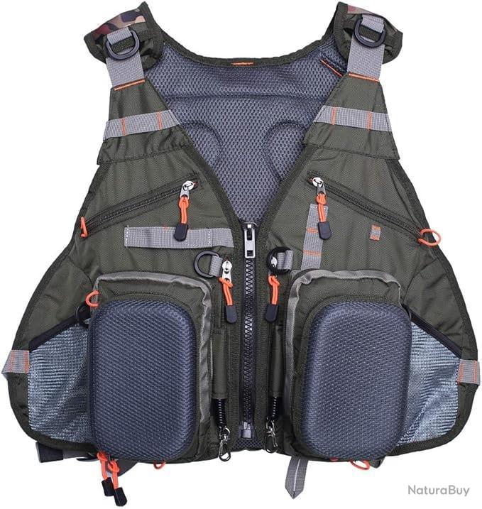 Gilet de Pêche Polyvalent Chasse Sangles Réglables Ultra Léger 18 Poches Taille Unique Vert Grunge
