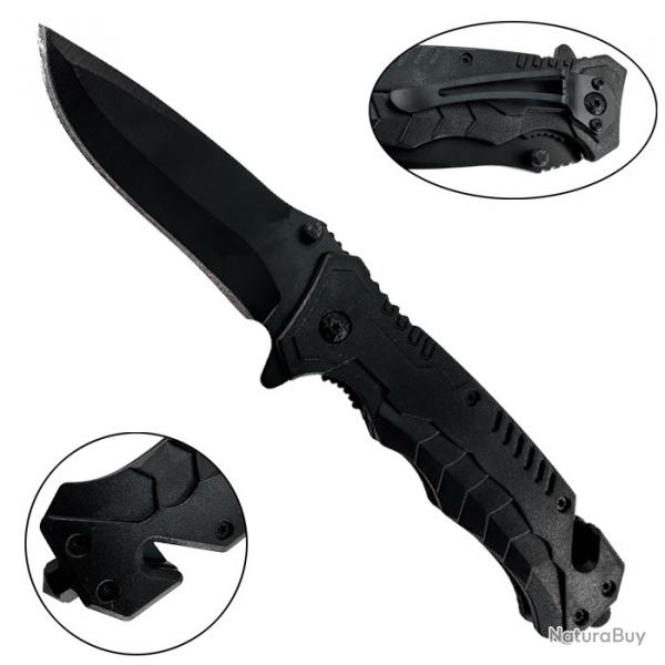 Couteau pliant tactique lame noire avec brise-vitre et coupe-ceinture