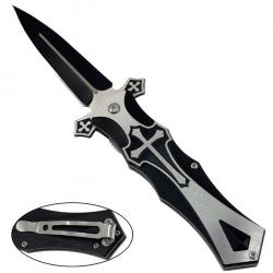 Couteau pliant templier noir - lame noire et manche décor croix