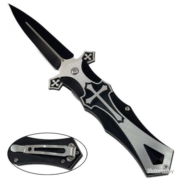Couteau pliant templier noir - lame noire et manche dcor croix