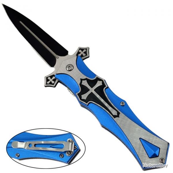 Couteau pliant templier bleu - lame noire et manche dcor croix