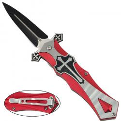 Couteau pliant templier rouge - lame noire et manche décor croix