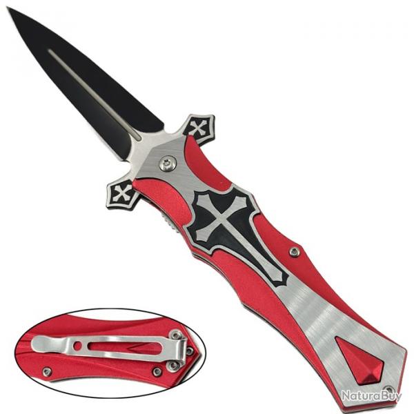Couteau pliant templier rouge - lame noire et manche dcor croix