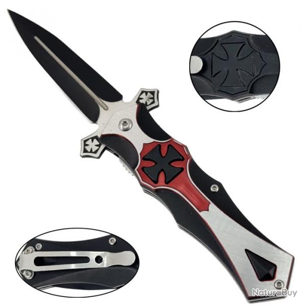 Couteau pliant des Templiers - manche noir et rouge dcor croix