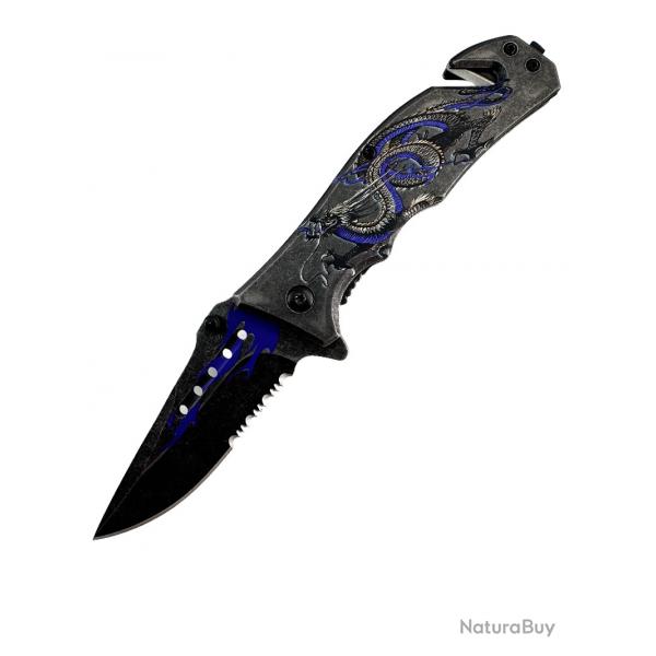 Couteau pliant dragon bleu - lame mixte et manche dcor grav