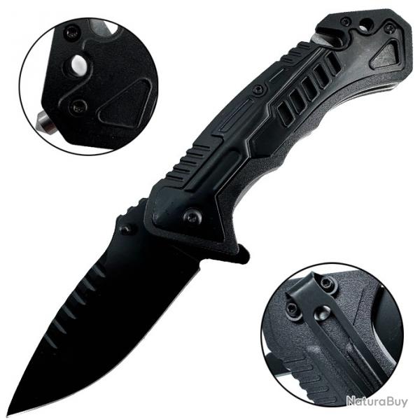 Couteau pliant tactique noir - brise-vitre et coupe-ceinture
