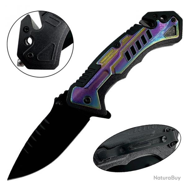 Couteau pliant tactique rainbow - brise-vitre et coupe-ceinture