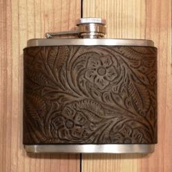 Idée cadeau artisanal - flasque à alcool "Sheridan brown" en acier et cuir