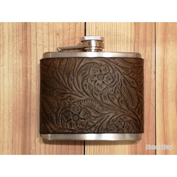 Ide cadeau artisanal - flasque  alcool "Sheridan brown" en acier et cuir