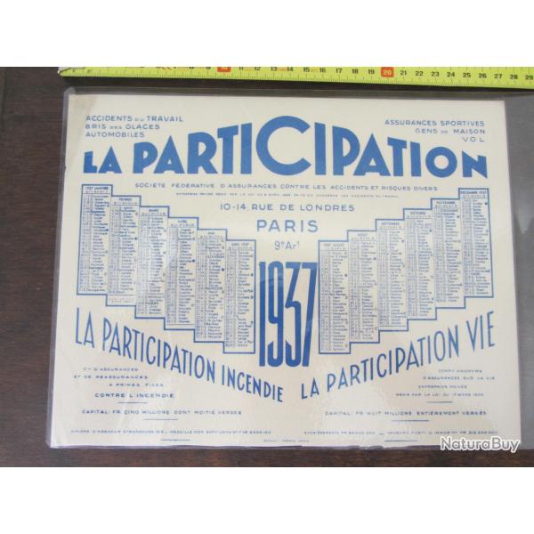 Buvard calendrier 1937 "La participation"