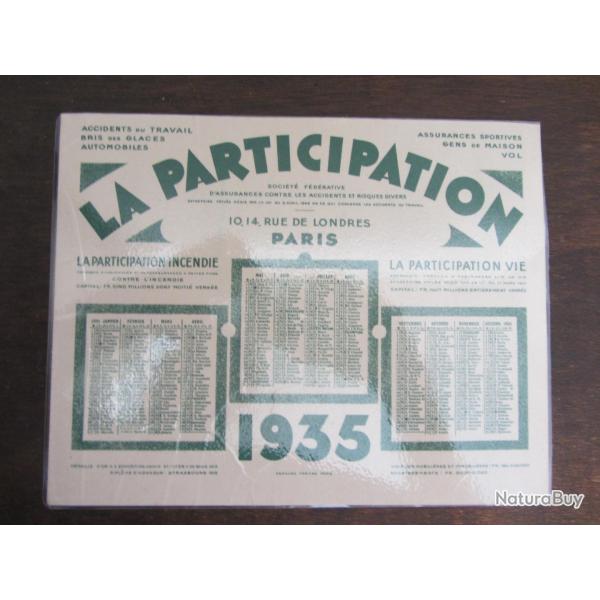 Buvard calendrier 1935 "La participation"