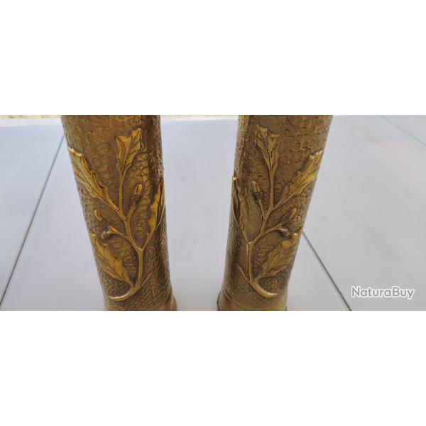 Paire de vases artisanat de tranches de 14-18, inscription "souvenir pour Mr Mal FOUCHER 1912"