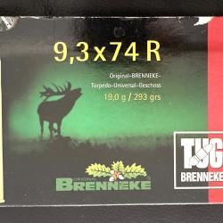 Boîte de 20 cartouches neuves de marque BRENNEKE RWS calibre 9,3 x 74 R ogives TUG 293 grains.