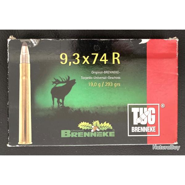 Bote de 20 cartouches neuves de marque BRENNEKE RWS calibre 9,3 x 74 R ogives TUG 293 grains.