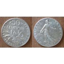 France 50 Centimes 1918 Semeuse Piece Argent Centime