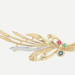 Jolie broche vintage neuve - or massif 18 carats - roseaux  - diamants, saphirs et rubis