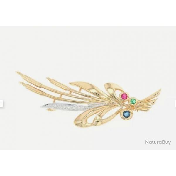 Jolie broche vintage neuve - or massif 18 carats - roseaux  - diamants, saphirs et rubis