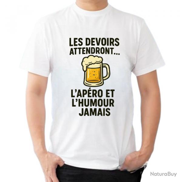 Tee-shirt humoristique "Les devoirs attendront... L'apro et l'humour jamais"