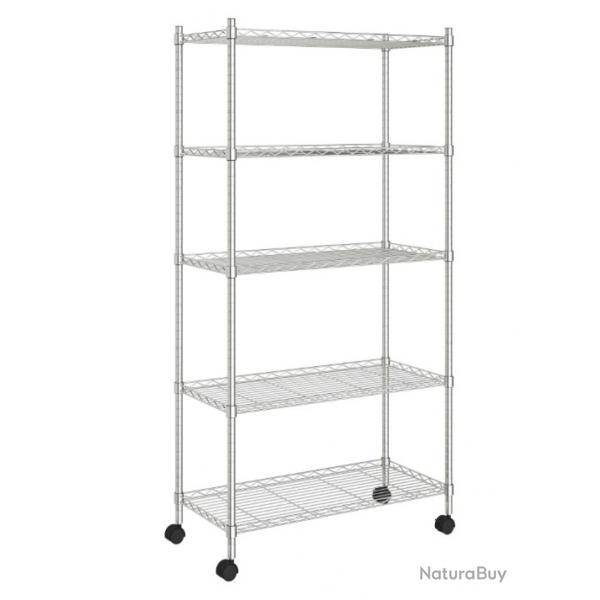 tagre de rangement 5 niveaux roues 75x35x155 cm fer chrom 250 kg transportable pratique