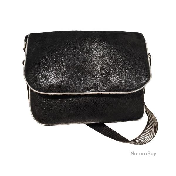 Superbe Sac  main Besace Noir Scintillant Simili Cuir Fait Main Neuf