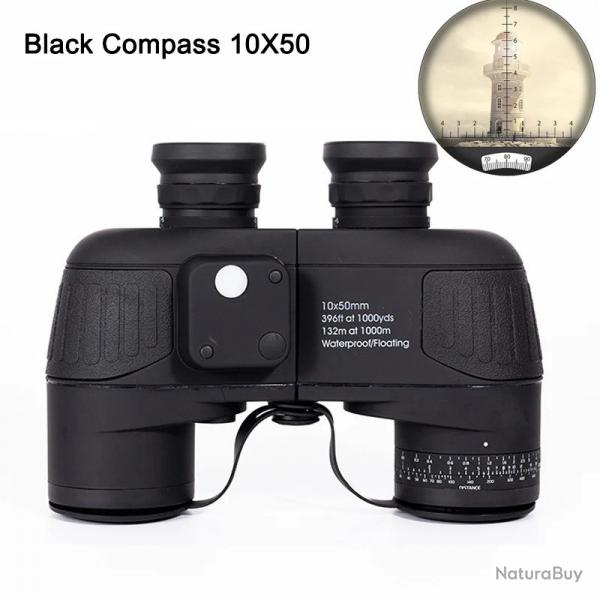 Jumelles Marines 10x50 IPX7 Boussole et Tlmtre FMC BAK4 Etanches avec Sac Sangle piles Noir