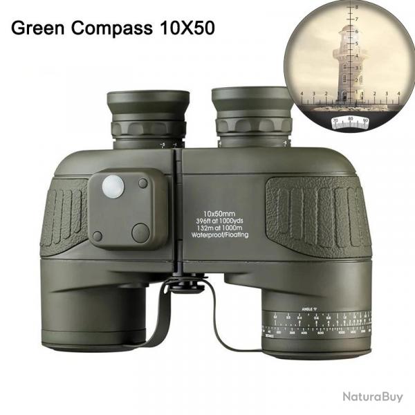 Jumelles Marines 10x50 IPX7 Boussole et Tlmtre FMC BAK4 Etanches avec Sac Sangle piles Vert