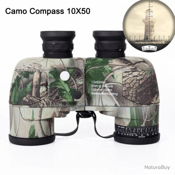 Jumelles Marines 10x50 IPX7 Boussole et Tlmtre FMC BAK4 Etanches avec Sac Sangle piles Camouflage