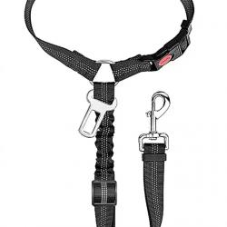 Ceinture de Sécurité Chien Voiture Harnais Réglable + Tampon Élastique & Crochet Appuie-Tête Noir