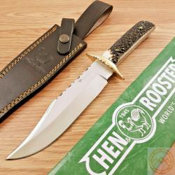 Couteau De Chasse Trappeur Hen & Rooster Lame Acier 440 Manche Bois de Cerf Etui Cuir HR805