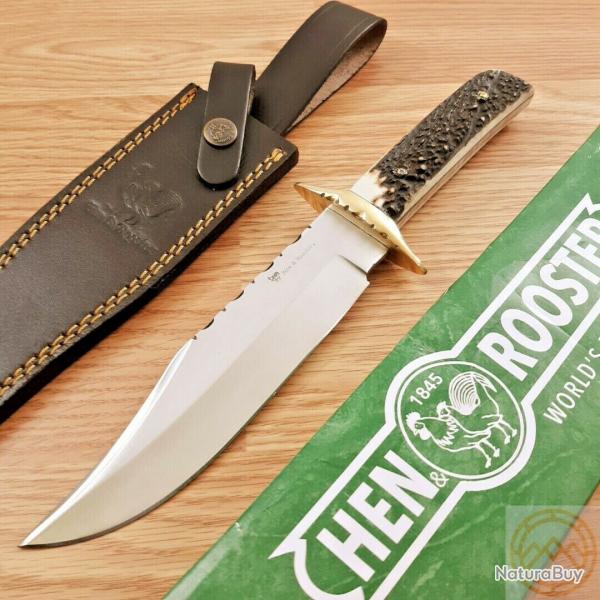 Couteau De Chasse Trappeur Hen & Rooster Lame Acier 440 Manche Bois de Cerf Etui Cuir HR805