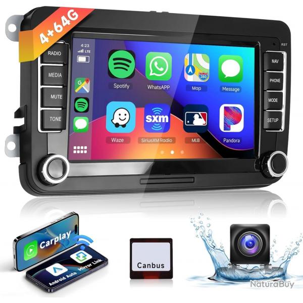 Autoradio 7" Bluetooth pour VW Golf 5 6 Polo Passat Skoda Touran Seat Carplay sans Fil Android Auto,
