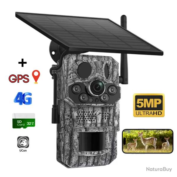 PROMO - Camra de Chasse 4G Solaire 2K 5MP avec PIR, Vision Nocturne Infrarouge, IP66 tanche