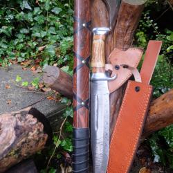 Set De Viking : Hache Lame Acier Carbone 1055 Manche Bois + Couteau Lame Damas Etui Cuir Artisanat